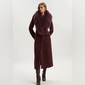 Women's Burgundy Wool Coat with Lambswool Fur Real or Faux Collar